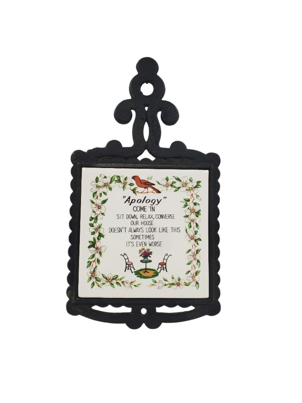 MCM Cast Metal Ceramic Tile Wall Plaque Trivet Vintage Apology Birds Flowers